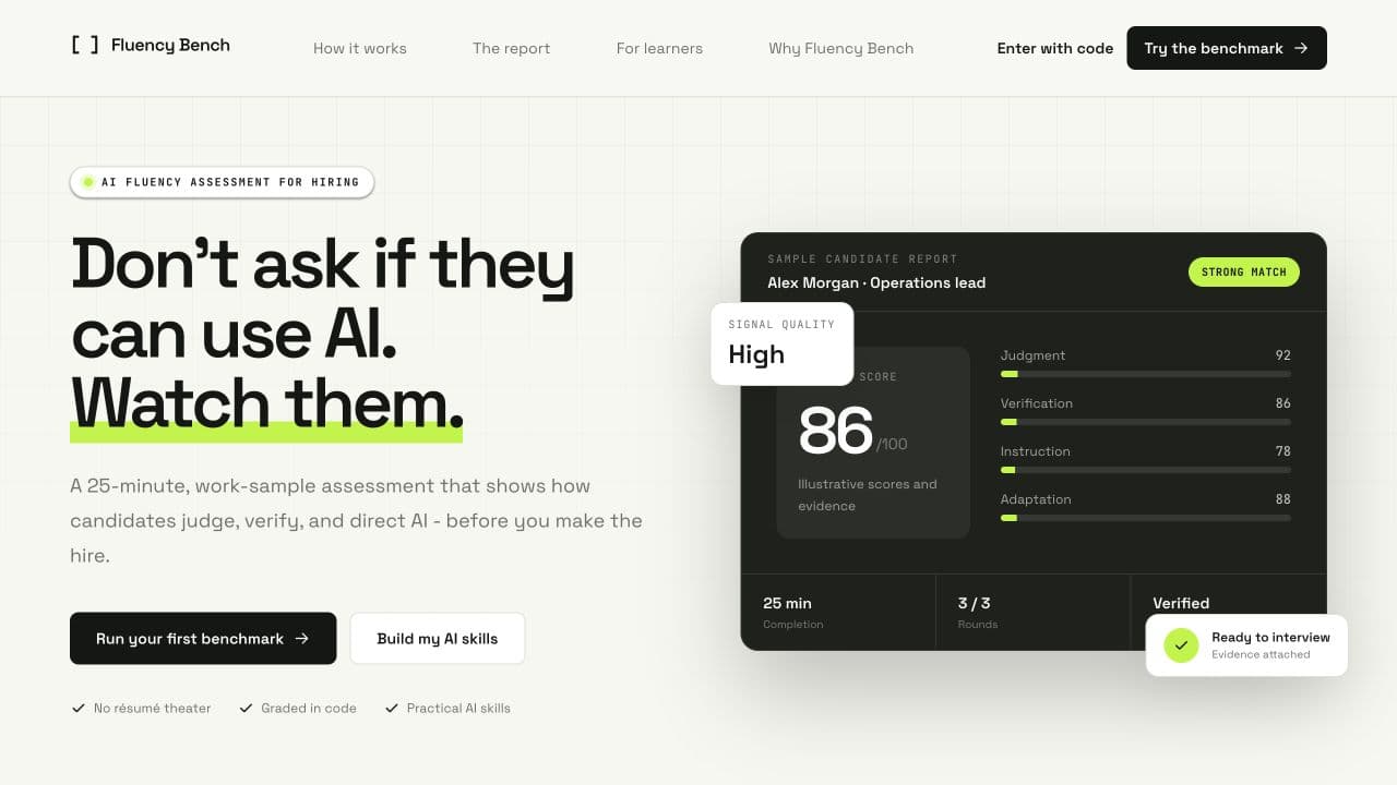 Fluency Bench’s live homepage, showing its three-skill proposition and an illustrative candidate report.